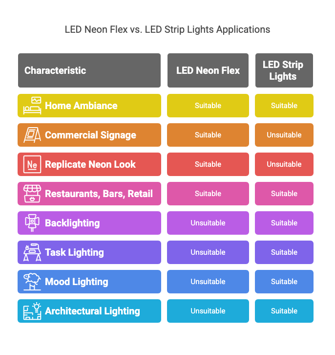 Application LED Neon Flex vs LED Strip Lights