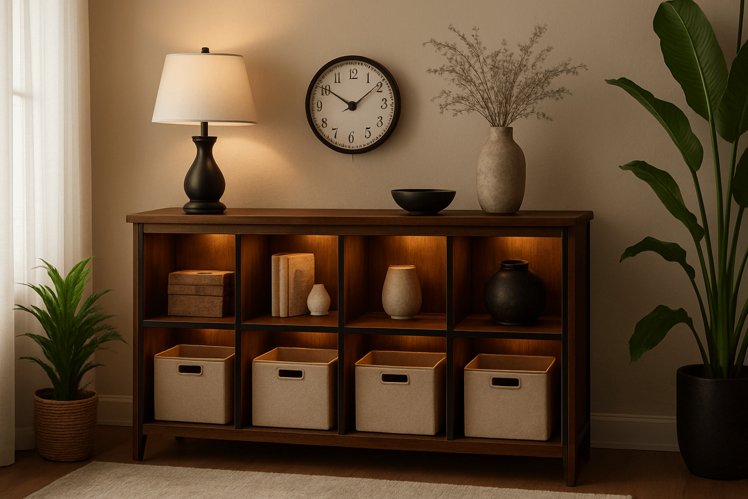 Warm Wood Cubby Cabinet With Black Accents